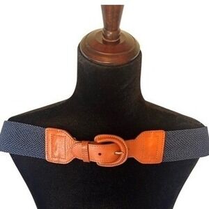 NWT Lands' End Woven Nylon Navy Stretch Belt with‎ Tan Leather Buckle Size XL